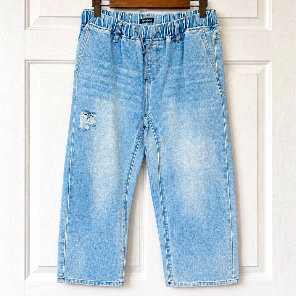 Flamingo Women’s M Cropped Light Wash Blue Denim Jeans Drawstring Distressed